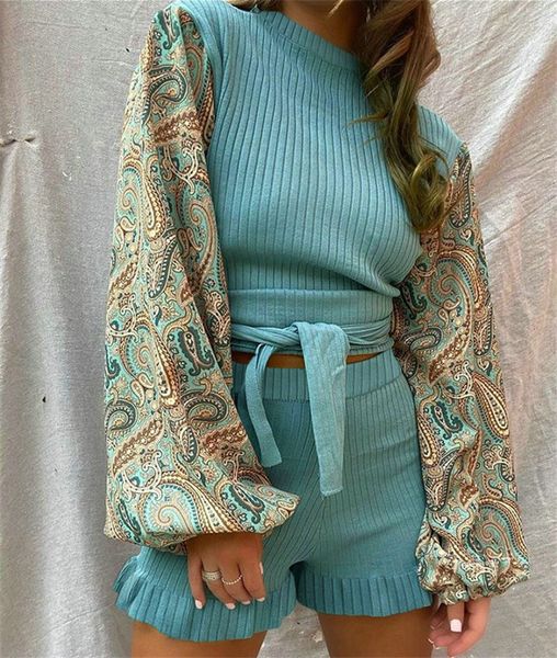 fashion women 2 piece outfits patchwork design belt ruffles decor o-neck long lantern sleeve print elastic high waist shorts, Gray
fashion women 2 piece outfits patchwork design belt ruffles decor o-neck long lantern sleeve print elastic high waist shorts, Gray