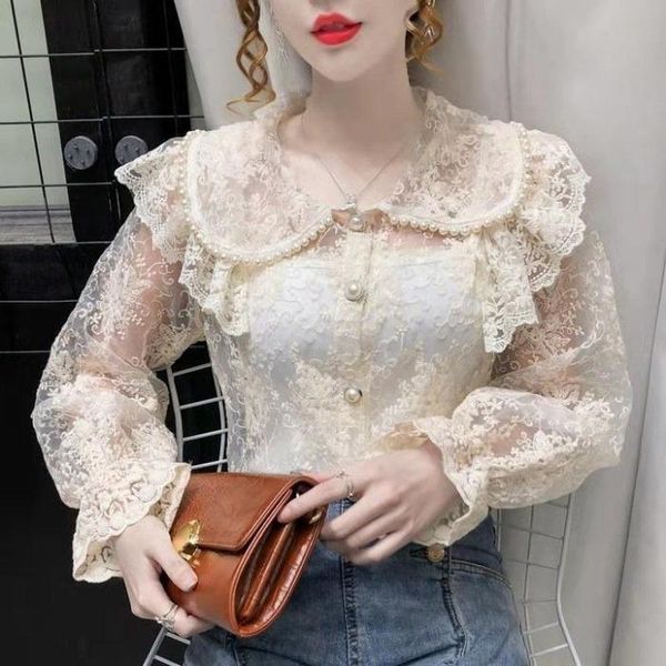 women's blouses & shirts 2021 spring and summer fashion mesh doll collar long-sleeved shirt western-style ruffled hollow lace temperame, White
women's blouses & shirts 2021 spring and summer fashion mesh doll collar long-sleeved shirt western-style ruffled hollow lace temperame, White