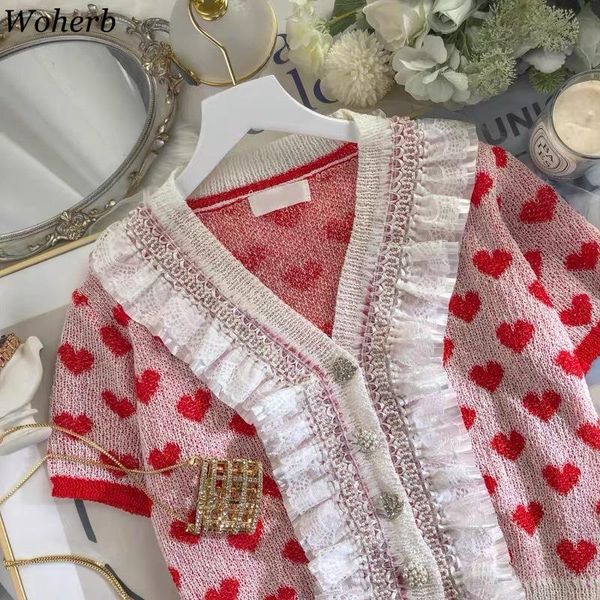 women's knits & tees woherb pink heart jacquard sweater women korean knitted cardigan v neck single breasted short sleeve lace ruffle p, White
women's knits & tees woherb pink heart jacquard sweater women korean knitted cardigan v neck single breasted short sleeve lace ruffle p, White