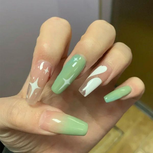 false nails 24pcs/set cute white star extra long green gradient artificial fingernail decals ballet full tips with glue, Red;gold
false nails 24pcs/set cute white star extra long green gradient artificial fingernail decals ballet full tips with glue, Red;gold