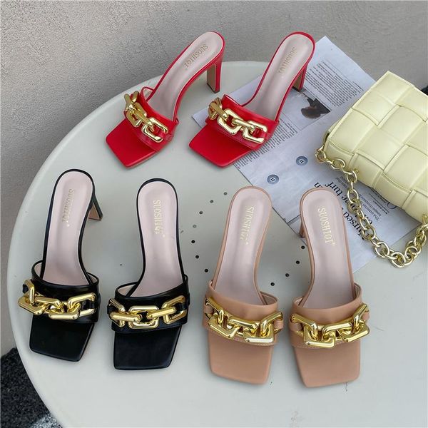 slippers 2021 summer women's fashion big chain decoration mules high heels slides sandals elegant square toe ladies shoes female, Black
slippers 2021 summer women's fashion big chain decoration mules high heels slides sandals elegant square toe ladies shoes female, Black