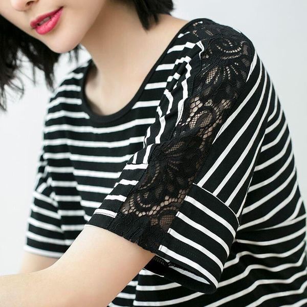 women's t-shirt spring summer female casual striped round neck short sleeve lace thin, White
women's t-shirt spring summer female casual striped round neck short sleeve lace thin, White