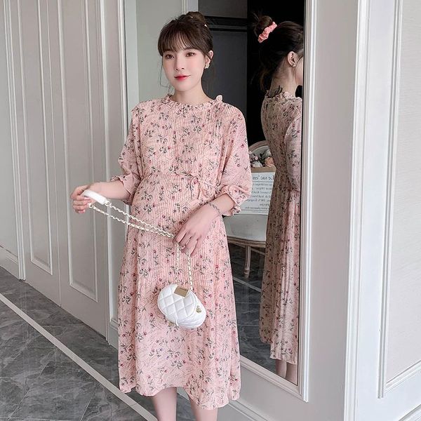 maternity dresses 2021 spring and summer retro floral pregnant women dress short sleeve chiffon pleated with belt ruffles stand collar, White 
maternity dresses 2021 spring and summer retro floral pregnant women dress short sleeve chiffon pleated with belt ruffles stand collar, White
