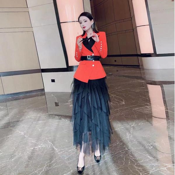 two piece dress suit women's early spring 2021 fashion color contrast irregular blazer long mesh skirt set, White
two piece dress suit women's early spring 2021 fashion color contrast irregular blazer long mesh skirt set, White