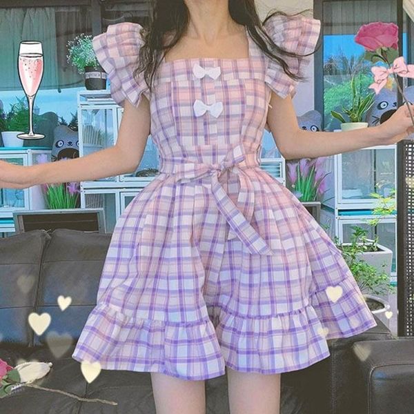 casual dresses japanese kawaii purple plaid mini dress women harajuku sweet bow sashes short sleeve princess ruffle summer 2021, Black;gray
casual dresses japanese kawaii purple plaid mini dress women harajuku sweet bow sashes short sleeve princess ruffle summer 2021, Black;gray