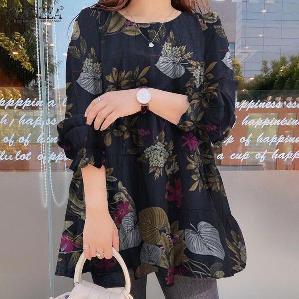 women's blouses & shirts women floral print 2022 autumn ruffle casual puff sleeve loose tunic o-neck cotton linen oversized, White 
women's blouses & shirts women floral print 2022 autumn ruffle casual puff sleeve loose tunic o-neck cotton linen oversized, White