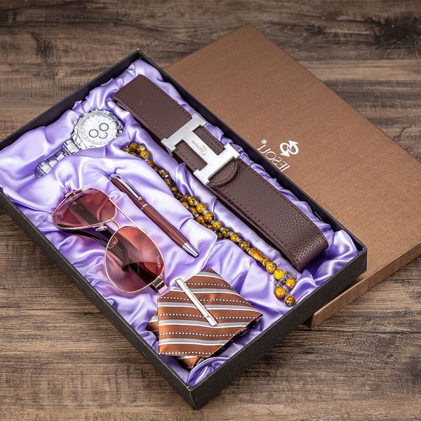 men's gift set exquisite packaging watch + sunglasses tie belt pen rosary bracelet, Slivery;brown
men's gift set exquisite packaging watch + sunglasses tie belt pen rosary bracelet, Slivery;brown