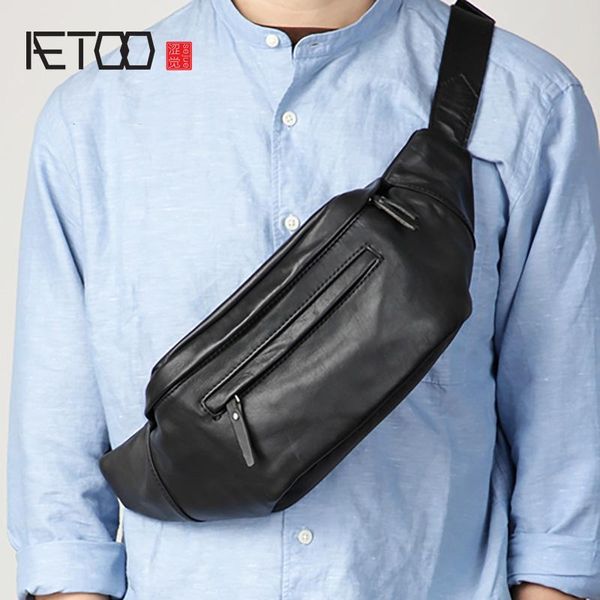 

HBP AETOO Head Leather Retro Trend Chest Bag, Multi-functional Men's Shoulder Bag, Leather Casual Sports Stiletto Bag, Black