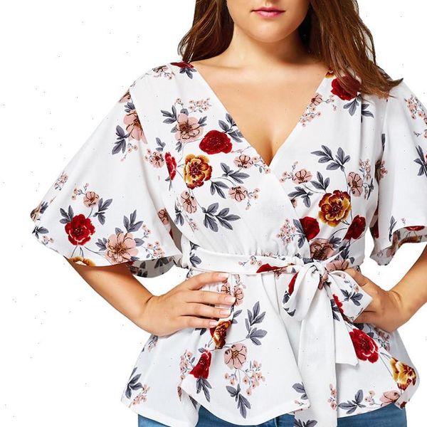 plus size s 5xl summer women blouse v neck floral print flare sleeve belted surplice peplum and blouse blusas, White
plus size s 5xl summer women blouse v neck floral print flare sleeve belted surplice peplum and blouse blusas, White