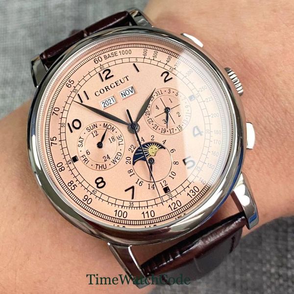 wristwatches 42mm automatic mens watch week date month year champagne dial moon phase multifunction 316l leather strap polished, Slivery;brown
wristwatches 42mm automatic mens watch week date month year champagne dial moon phase multifunction 316l leather strap polished, Slivery;brown