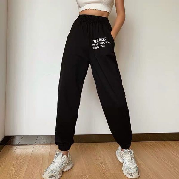 elastic waist letter print casual pants women's loose and slim leggings, Black;white
elastic waist letter print casual pants women's loose and slim leggings, Black;white