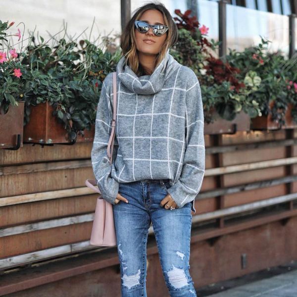 women's sweaters plaid winter fashion high neck loose pullover sweater turtleneck, White;black
women's sweaters plaid winter fashion high neck loose pullover sweater turtleneck, White;black