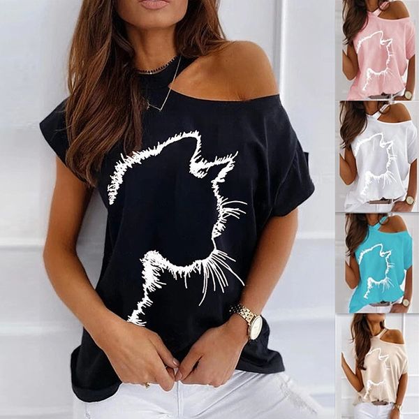 2021 new european and american women's summer cat print off shoulder loose t-shirt for women, White
2021 new european and american women's summer cat print off shoulder loose t-shirt for women, White
