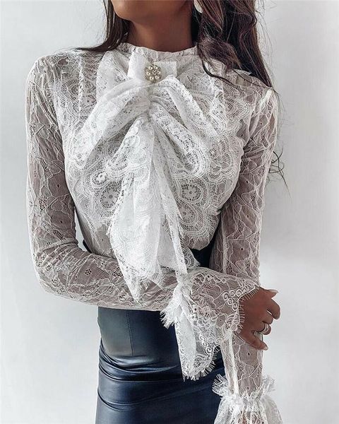 women lace blouse t-shirt blouses long sleeve bow tie office shirt see through summer mesh shirts, White
women lace blouse t-shirt blouses long sleeve bow tie office shirt see through summer mesh shirts, White