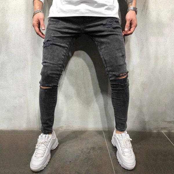 men solid elastic waist skinny jeans vintage ripped hole slim fit hip hop trousers men's, Blue
men solid elastic waist skinny jeans vintage ripped hole slim fit hip hop trousers men's, Blue