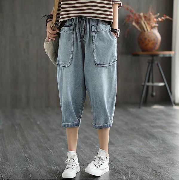 women's jeans 2021 summer women wild calf-length pants elastic waist drawstring denim pockets loose casual cowboy trousers, Blue
women's jeans 2021 summer women wild calf-length pants elastic waist drawstring denim pockets loose casual cowboy trousers, Blue