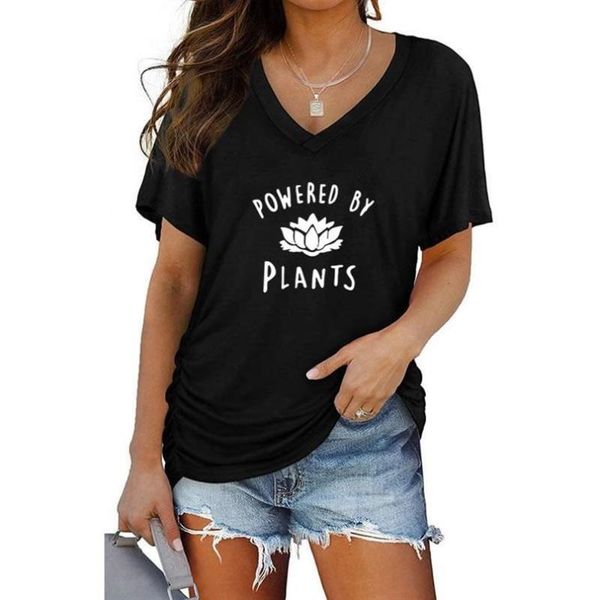 women's t-shirt summer casual for women ladies batwing sleeve v-neck short tees powered by plants letter print, White
women's t-shirt summer casual for women ladies batwing sleeve v-neck short tees powered by plants letter print, White