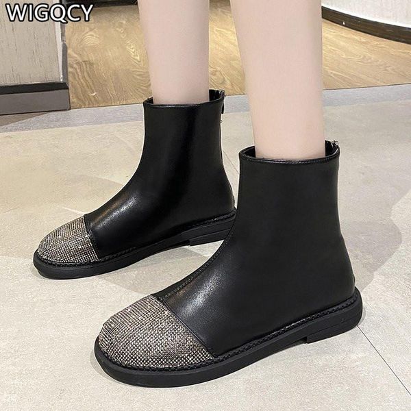 boots 2021 autumn women's fashion rhinestone stitching round toe short flat back zipper women, Black
boots 2021 autumn women's fashion rhinestone stitching round toe short flat back zipper women, Black