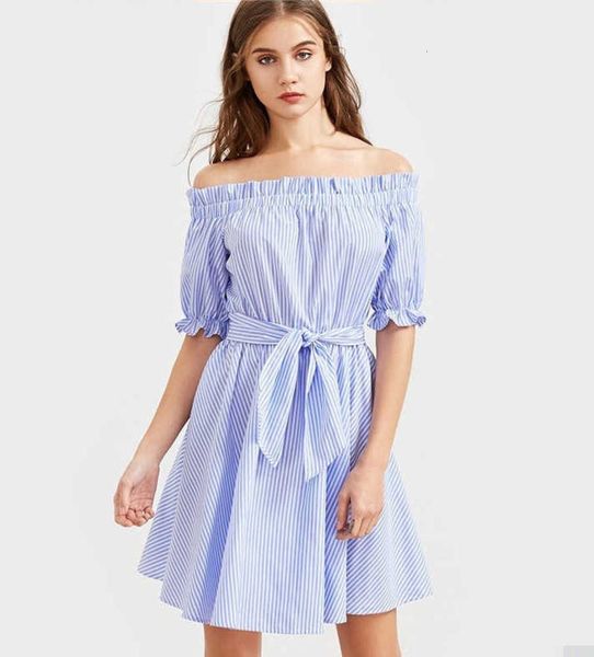 2020 summer beachwear women's half sleeve blue striped one neck dress, Black;gray
2020 summer beachwear women's half sleeve blue striped one neck dress, Black;gray