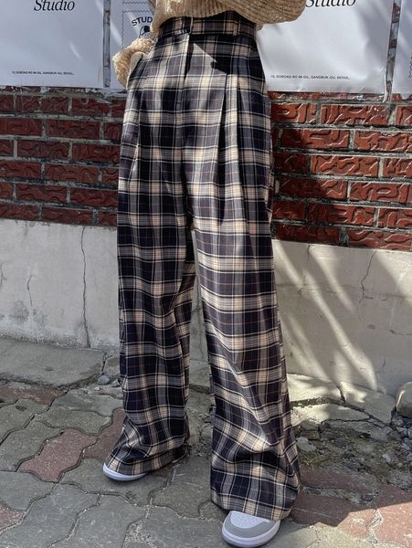 dazy high waist plaid plicated detail wide leg pants 84dm#, Black;white
dazy high waist plaid plicated detail wide leg pants 84dm#, Black;white