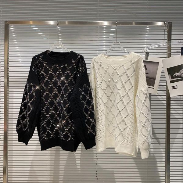 women's sweaters high street est 2021 fall winter designer sweater round neck loose diamond beaded knit pullover, White;black
women's sweaters high street est 2021 fall winter designer sweater round neck loose diamond beaded knit pullover, White;black