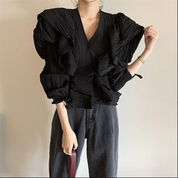 2021 korean loose vintage all match v neck ruffles women elegance high waist sweet solid chic shirts, White
2021 korean loose vintage all match v neck ruffles women elegance high waist sweet solid chic shirts, White