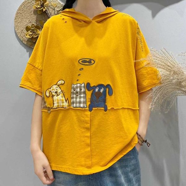 women's t-shirt women summer fashion hooded t-shirt female vintage cartoon animal patchwork embroidery short sleeve casual cotton tees, White
women's t-shirt women summer fashion hooded t-shirt female vintage cartoon animal patchwork embroidery short sleeve casual cotton tees, White