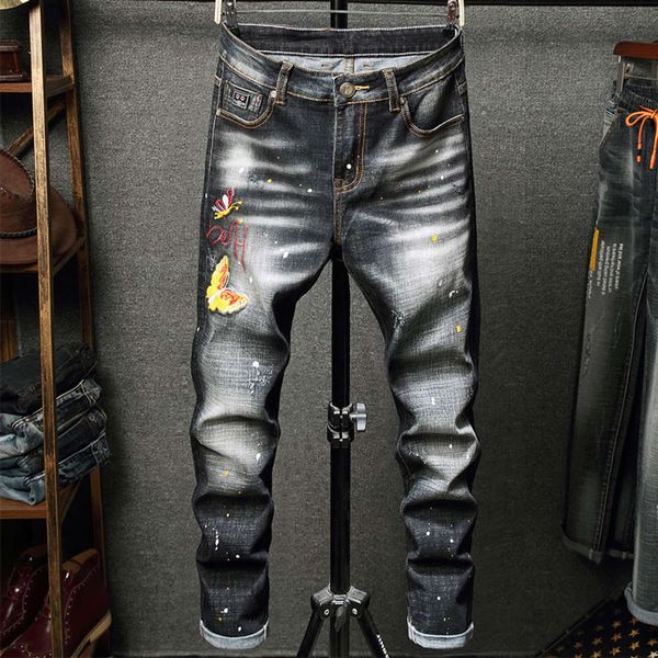 trendy brand embroidered jeans for young men, Blue