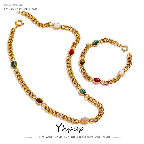 chains yhpup stainless steel vintage natural stone chain necklace bracelet jewelry sets women statement pvd golden collar gift, Silver
chains yhpup stainless steel vintage natural stone chain necklace bracelet jewelry sets women statement pvd golden collar gift, Silver