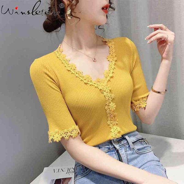women's t-shirt summer korean style cotton fashion v-neck patchwork nylon lace women short sleeve all match tees t15508a, White 
women's t-shirt summer korean style cotton fashion v-neck patchwork nylon lace women short sleeve all match tees t15508a, White