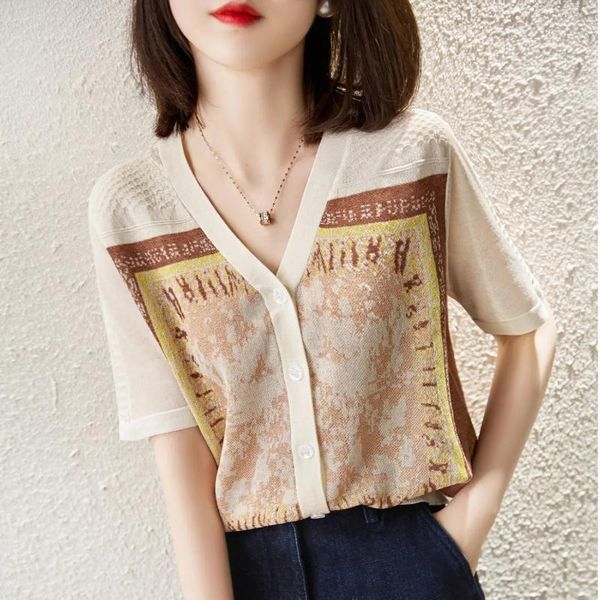 women's knits & tees summer gold jacquard tencel linen t-shirt cardigan short sleeve coat oversized sweater autumn, White
women's knits & tees summer gold jacquard tencel linen t-shirt cardigan short sleeve coat oversized sweater autumn, White