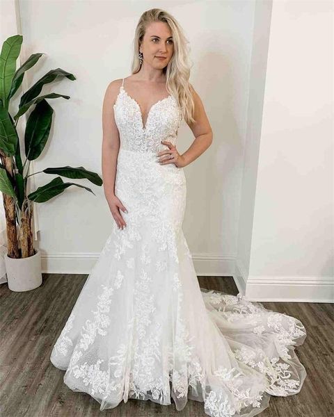 spaghetti lace mermaid wedding dresses appliqued sweep train plus size sweetheart tulle boho bridal gowns, White
spaghetti lace mermaid wedding dresses appliqued sweep train plus size sweetheart tulle boho bridal gowns, White