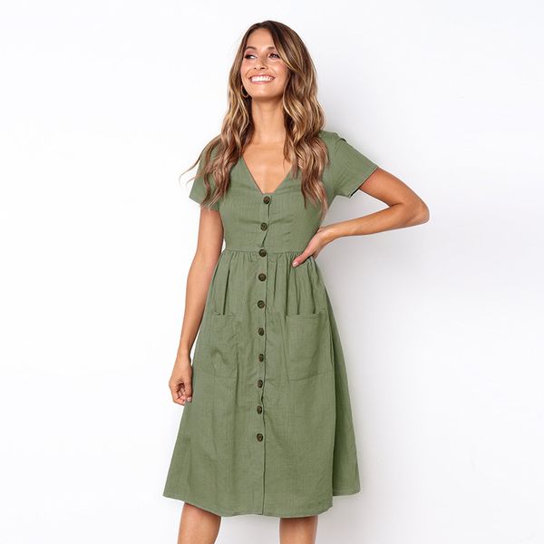 Womens Fashion Summer Short Sleeve V Neck Buttons Down Swing Cotton Midi Dress with Pockets Beach Summer Female Dress, Black;gray
Womens Fashion Summer Short Sleeve V Neck Buttons Down Swing Cotton Midi Dress with Pockets Beach Summer Female Dress, Black;gray