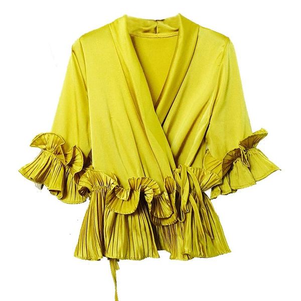 women's blouses & shirts summer womens v neck 3/4 ruffles sleeve bow yellow white blouse , spring fashion female women pleated loose gr
women's blouses & shirts summer womens v neck 3/4 ruffles sleeve bow yellow white blouse , spring fashion female women pleated loose gr