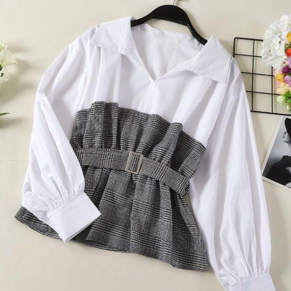 women's blouses & shirts 2021 auttum harajuku turn-down collar women plaid shirt long sleeve sashes lacing blouse patchwork female blus, White
women's blouses & shirts 2021 auttum harajuku turn-down collar women plaid shirt long sleeve sashes lacing blouse patchwork female blus, White