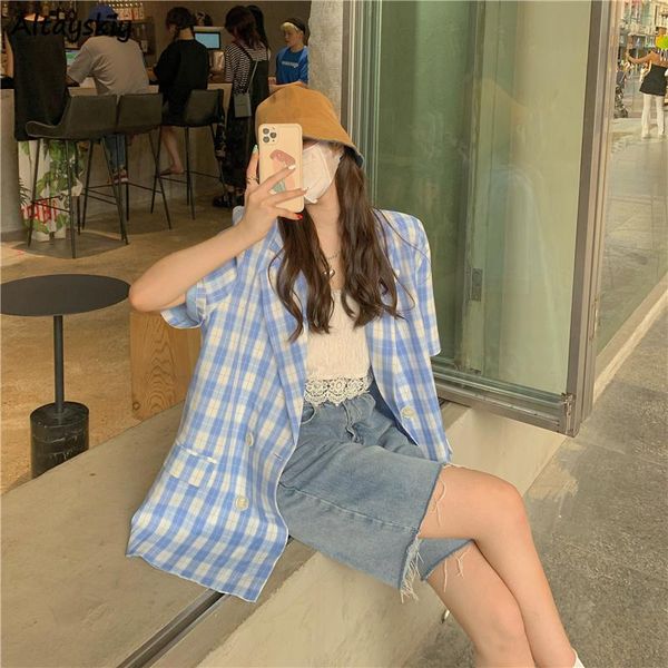 women's suits & blazers women plaid short sleeve loose summer ulzzang casual fashion all-match bf outwear elegant single breasted minim, White;black
women's suits & blazers women plaid short sleeve loose summer ulzzang casual fashion all-match bf outwear elegant single breasted minim, White;black