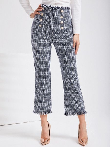 raw hem flare leg tweed pants f4tf#, Black;white
raw hem flare leg tweed pants f4tf#, Black;white