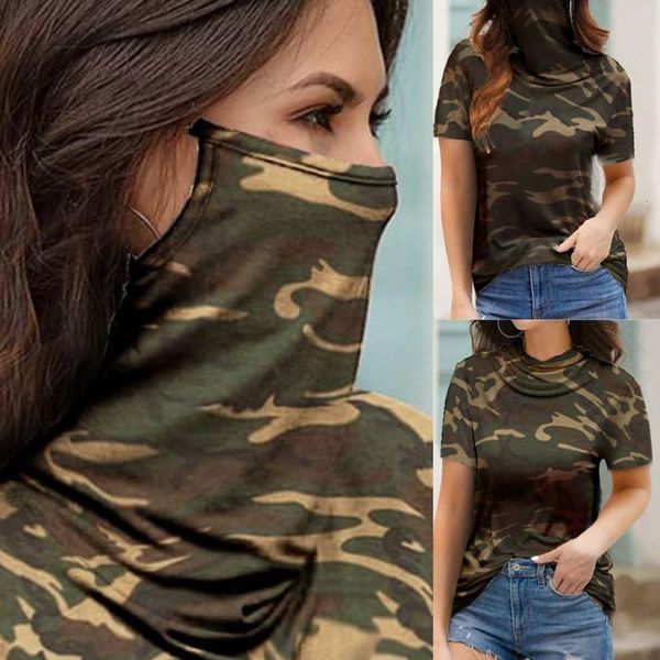 plus size women's casual t-shirt camouflage printed turtleneck neck short sleeve t-shirt with mask outdoor sun uv protection top, White
plus size women's casual t-shirt camouflage printed turtleneck neck short sleeve t-shirt with mask outdoor sun uv protection top, White