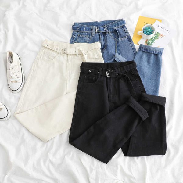 women's jeans korean straight women high waist boyfriend trousers large pocket black denim pants vintage with belt casual plus siz, Blue 
women's jeans korean straight women high waist boyfriend trousers large pocket black denim pants vintage with belt casual plus siz, Blue