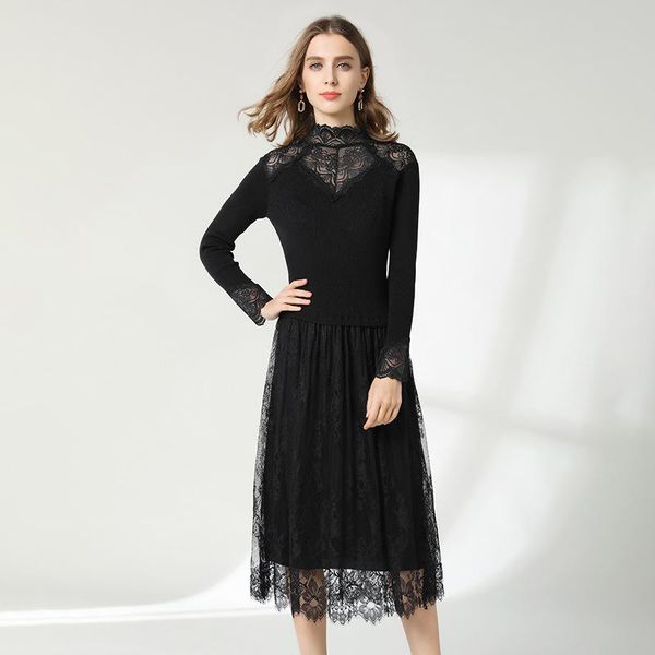 casual dresses 2021 knitted lace stitching dress long european and american style quality a-line, Black;gray
casual dresses 2021 knitted lace stitching dress long european and american style quality a-line, Black;gray