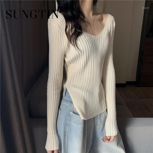 sungtin 5 color ribbed v neck knitted sweater women soft split slim pullovers vintage black white jumper korean sweet women's sweaters, White;black
sungtin 5 color ribbed v neck knitted sweater women soft split slim pullovers vintage black white jumper korean sweet women's sweaters, White;black