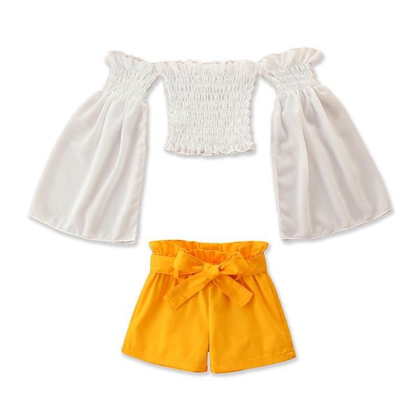 summer toddler girls clothes sets long flare sleeve off shoulder t shirts +solid shorts 1-6y, White
summer toddler girls clothes sets long flare sleeve off shoulder t shirts +solid shorts 1-6y, White