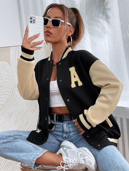 letter patched striped trim colorblock drop shoulder thermal bomber jacket c7iw#, Black;brown
letter patched striped trim colorblock drop shoulder thermal bomber jacket c7iw#, Black;brown