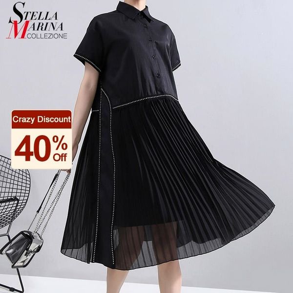 new fashion woman summer korean style black pleated shirt dress chiffon patchwork lapel ladies cute casual midi dress robe 6168 210316, Black;gray
new fashion woman summer korean style black pleated shirt dress chiffon patchwork lapel ladies cute casual midi dress robe 6168 210316, Black;gray