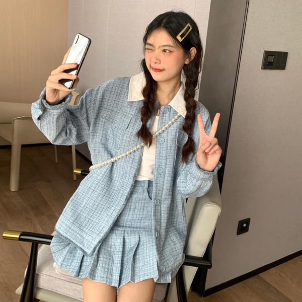 women's tracksuits autumn korean 2021 fashion long sleeve collar single breasted blue lattice short coat two-piece set, Gray
women's tracksuits autumn korean 2021 fashion long sleeve collar single breasted blue lattice short coat two-piece set, Gray