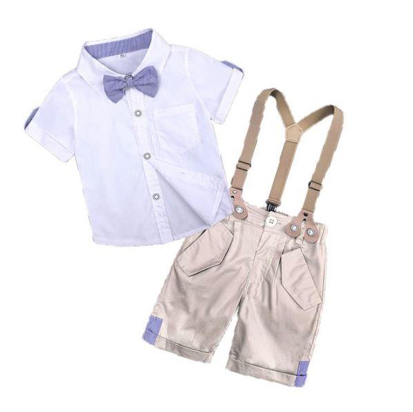 summer 2pcs toddler kids newborn baby boy short sleeves stripe shirt suspenders short pants bow tie outfits set, White