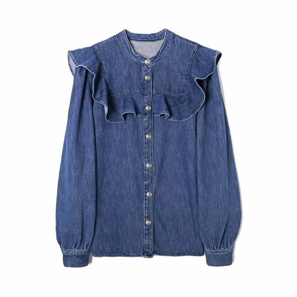 2021 new spring women ruffle decoration denim shirt femme stand collar long sleeve blouse casual lady loose blusas s8096 210226, Black;gray
2021 new spring women ruffle decoration denim shirt femme stand collar long sleeve blouse casual lady loose blusas s8096 210226, Black;gray