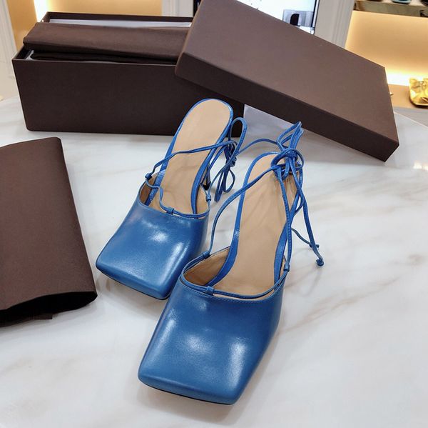 

High quality leather square toe high-heeled sandals Summer women's dress high heels Solid sexy elegant ankle lace up sandal 34-41, Blue