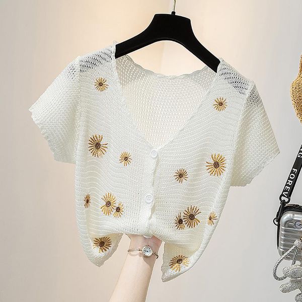 women's knits & tees fashion girl summer knitted jacket slim short cropped cardigan women sleeve v-neck flower embroidery sweater, White
women's knits & tees fashion girl summer knitted jacket slim short cropped cardigan women sleeve v-neck flower embroidery sweater, White