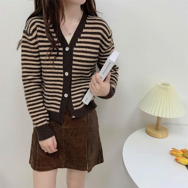 women's knits & tees autumn sweater stripe retro v-neck korean fashion knitted cardigan casual versatile student loose female coat, White
women's knits & tees autumn sweater stripe retro v-neck korean fashion knitted cardigan casual versatile student loose female coat, White